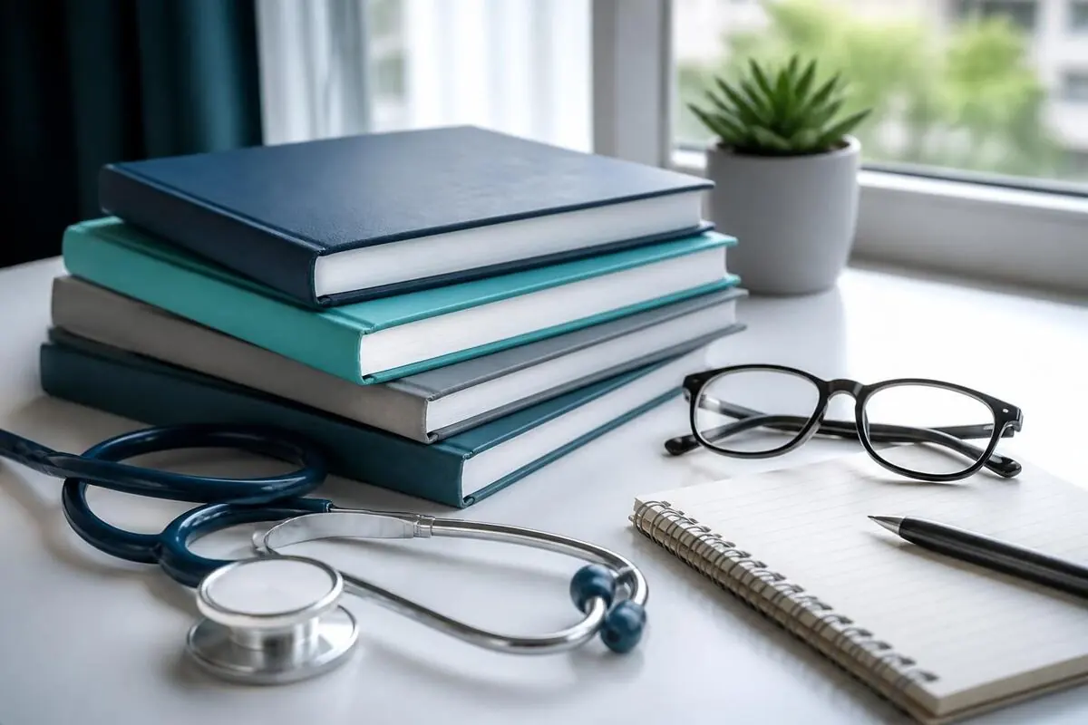 Passport, boarding pass and medical reports on a desk