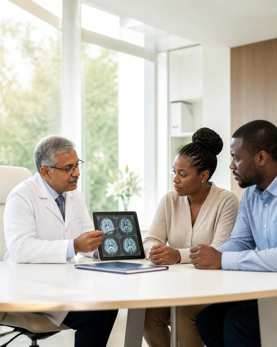 Senior doctor explaining a CT scan to a patient and relative in a consulting room