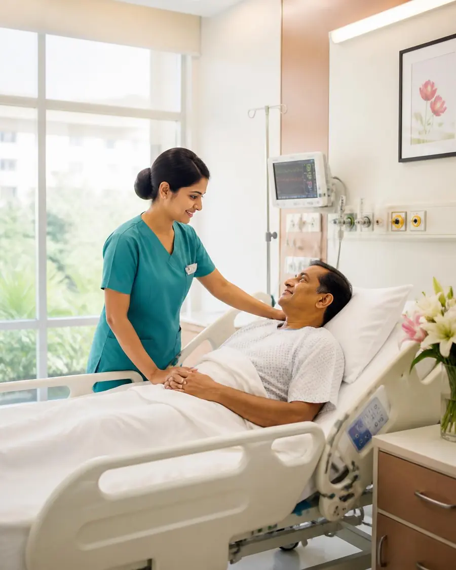 Nurse checking monitors beside a patient bed in an intensive care bay