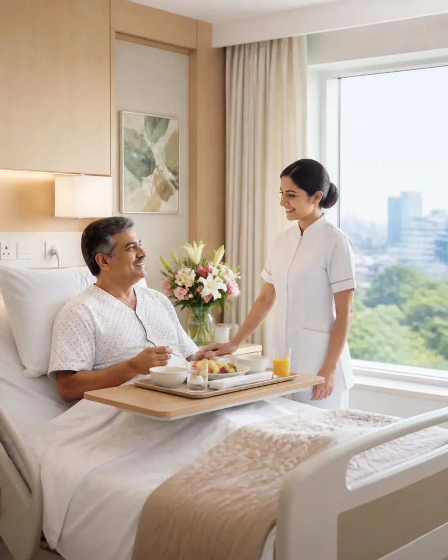 Recovering patient sitting up in a private hospital room with a city view