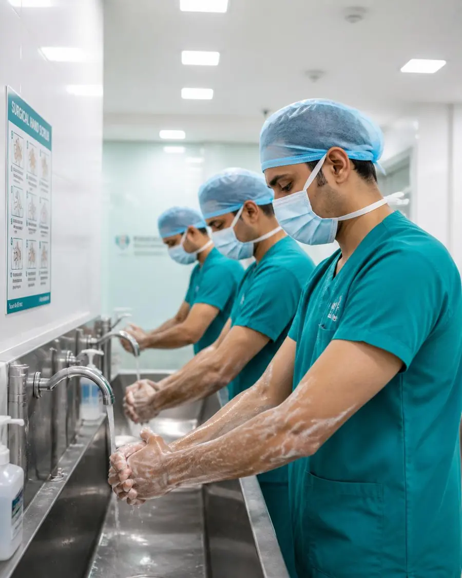 Surgical team scrubbing in outside an operating theatre